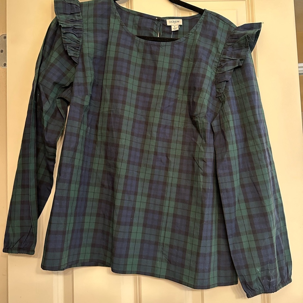 NWT J. Crew navy/green plaid ruffle sleeve blouse